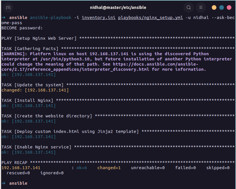 Output of the ansible-playbook command