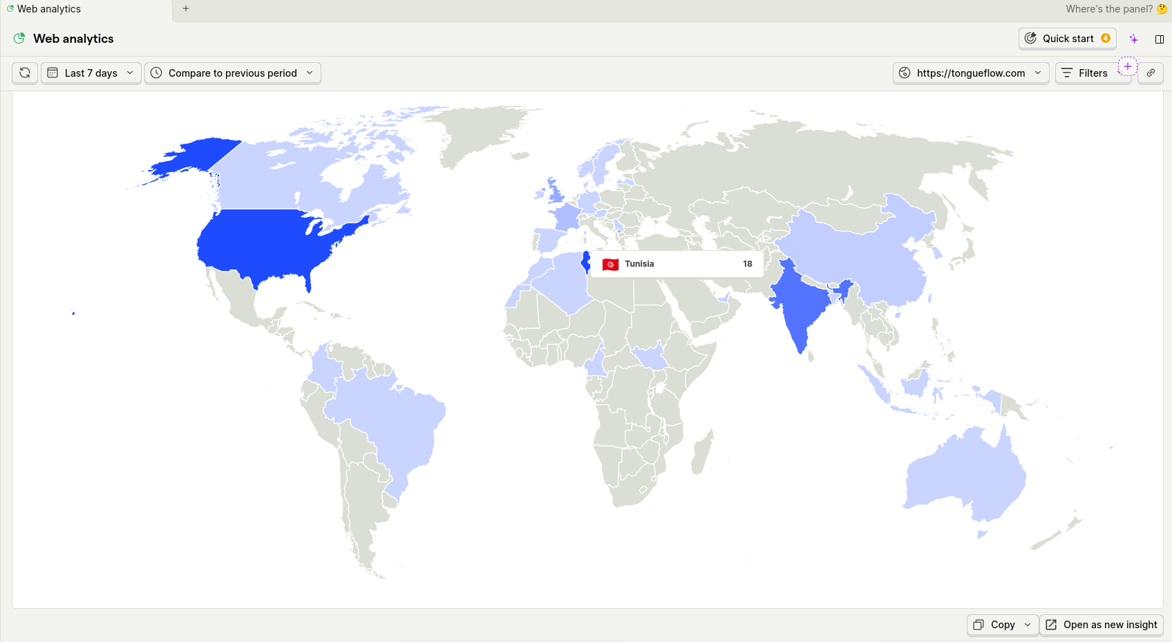 PostHog world map showing visitor distribution across countries with Tunisia highlighted